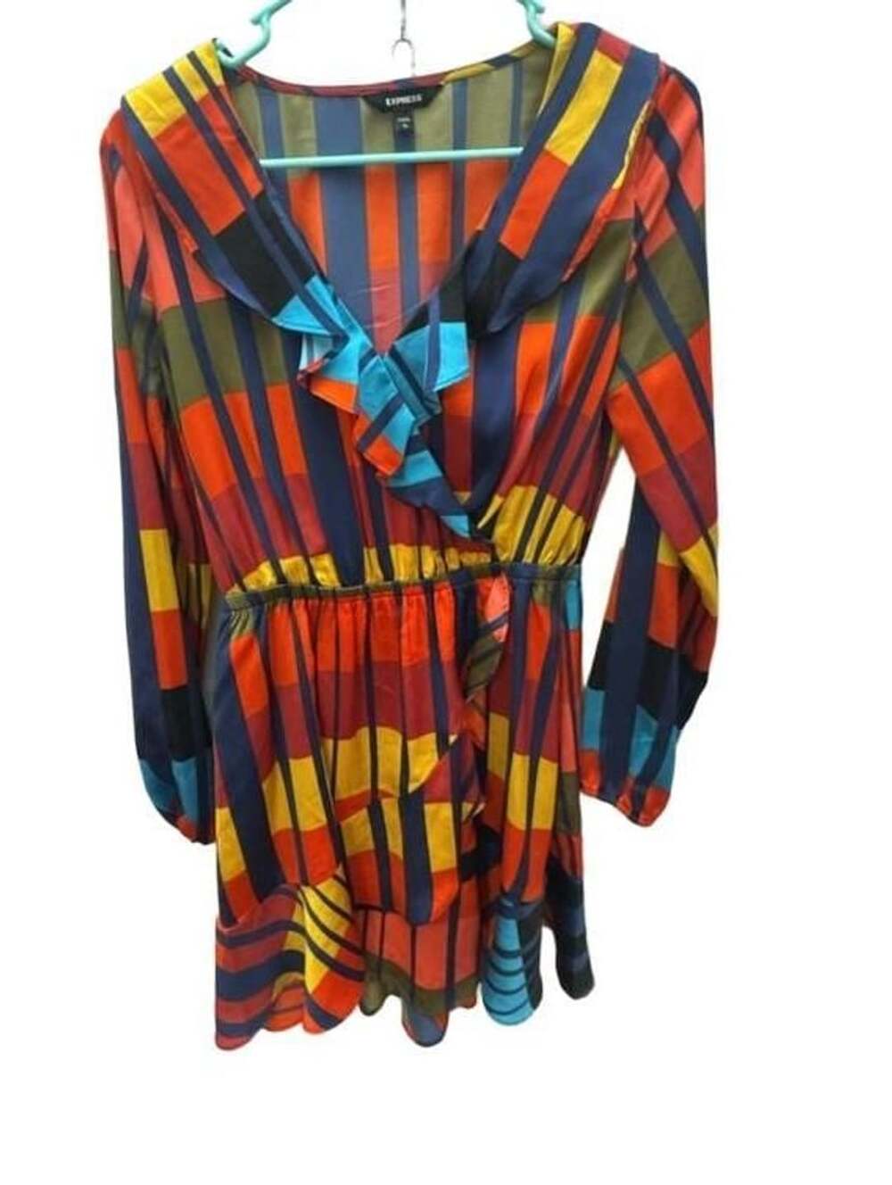 Express Multicolor Geometric Color Block Ruffle Wrap Mini Dress Size S
B-1